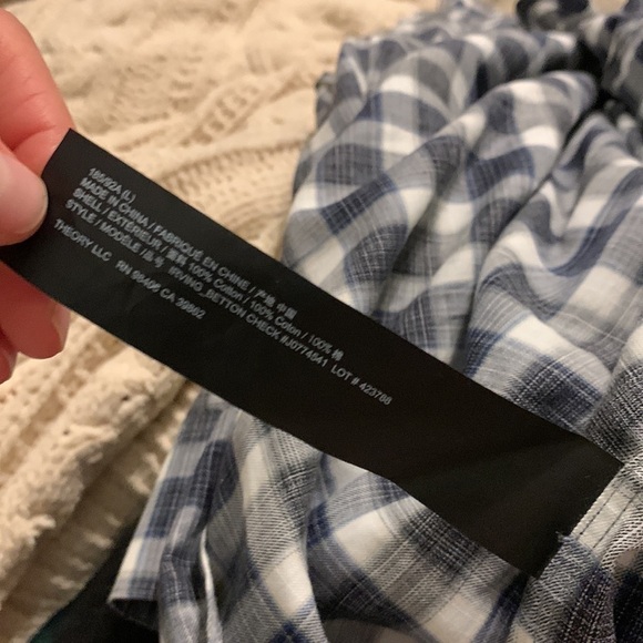 Theory Blue and white Plaid Button Down‎ size L casual dressy - Picture 5 of 11